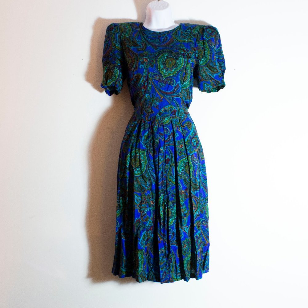Blue Paisley Dress 80s Vintage Jessica Howard by Mitchell Rodbell aqua teal 90s